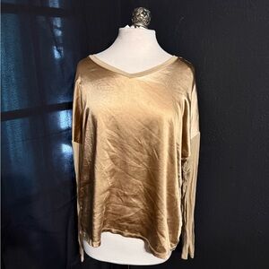 Women’s Gold Satin V-Neck Long Sleeve Top